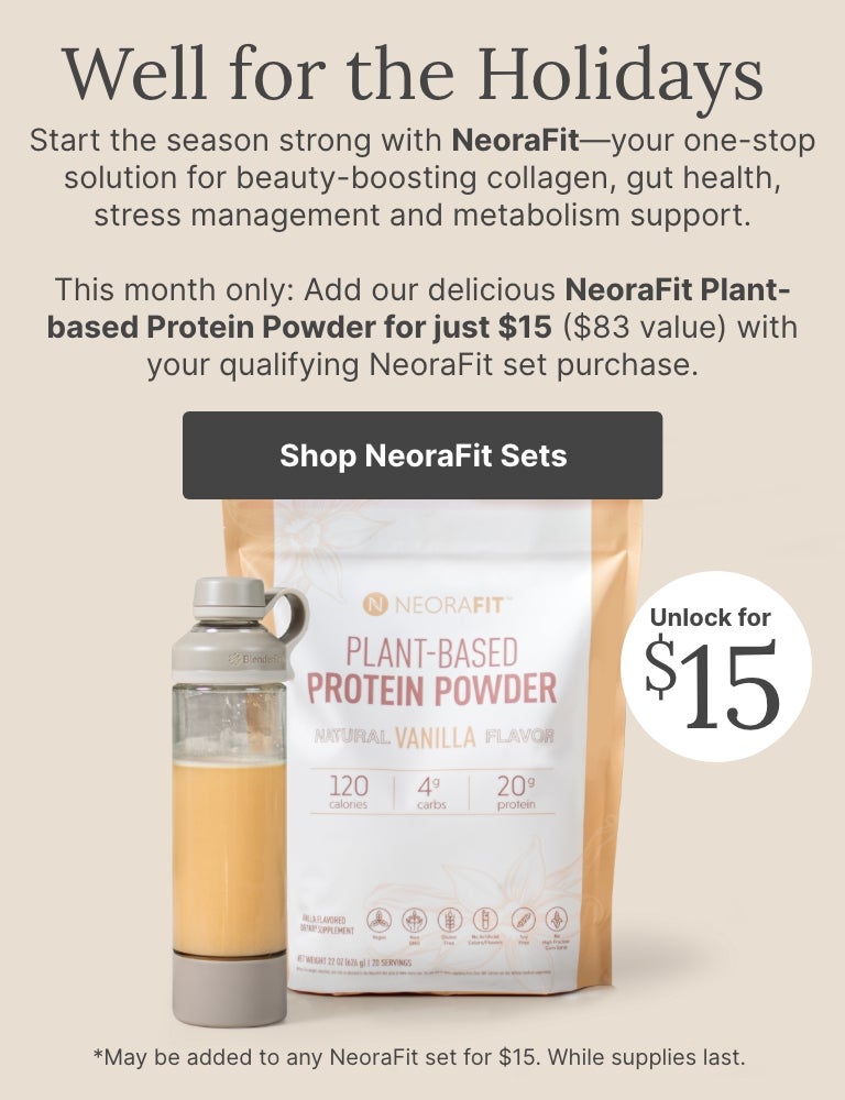 Holiday wellness promotion with a NeoraFit Plant-Based Protein Powder bag shown with a filled shaker bottle. Limited-time $15 offer ($83 value) when purchased with qualifying NeoraFit sets.